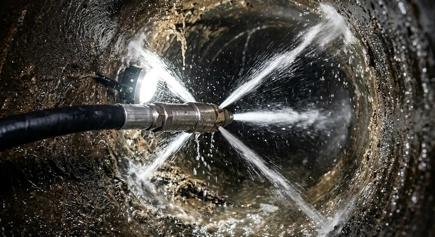 High-pressure hydro jetting nozzle cleaning sewer pipe for Sewer Cleanout in Glencoe