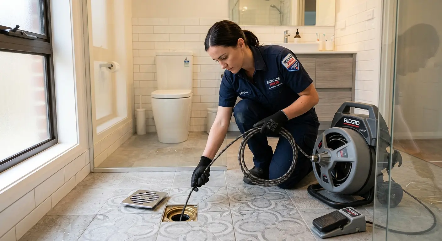 Technician clearing a bathroom floor drain for Sewer Line Installation in Glencoe